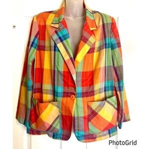 Vintage Russ Colorful Plaid Women's Blazer with Pockets